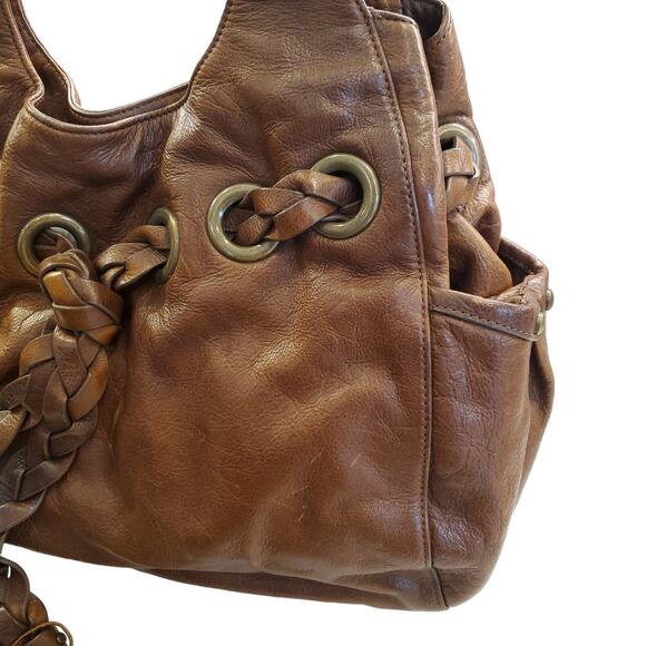 Kooba Hobo Bag Shoulder Carla Braided Tassels Brown Leather Drawstring Satchel - Picture 3 of 16